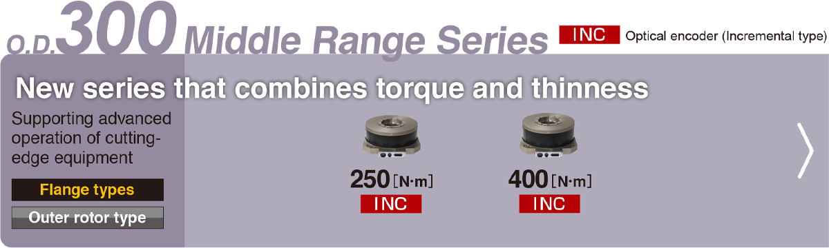 O.D.300 Middle Range Series New series that combines torque and thinness Supporting advanced operation of cutting-edge equipment