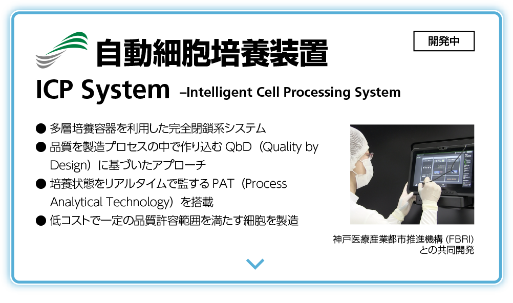 自動細胞培養装置　ICP System-Intelligent Cell Processing System- ・多層容器を利用した閉鎖系培養 ・品質を製造プロセスの中で作り込むQbD（Quality by Design）に基づいたアプローチ ・培養条件をリアルタイムで監するPAT（Process Analytical Technology）を搭載 ・低コストで一定の品質許容範囲を満たす細胞を製造　神戸医療産業都市推進機構（FBRI）および英国SAKARTA Ltd.との共同開発